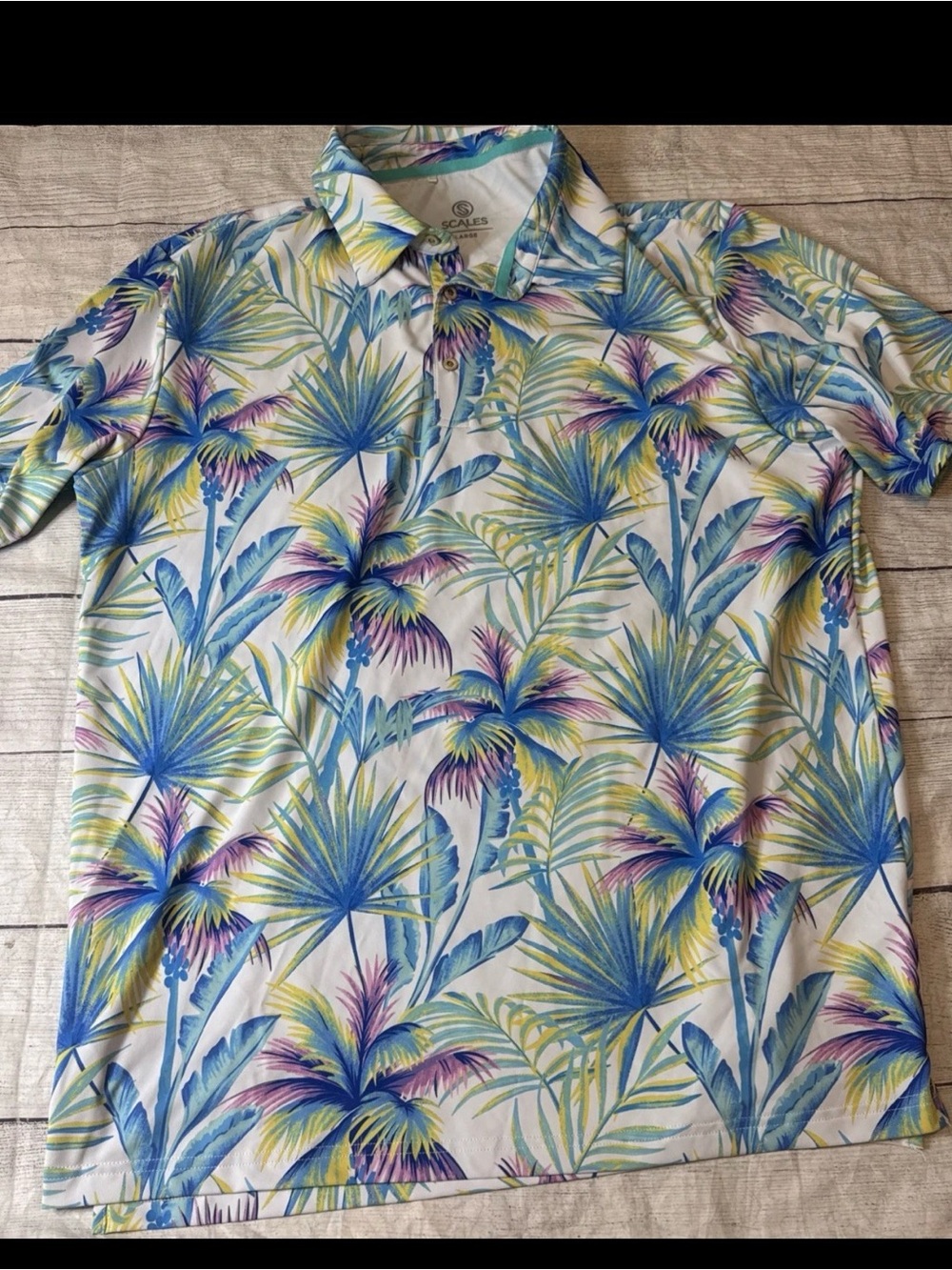 Scales Men’s Polo Golf Shirt L Blue Pink Hawaiian